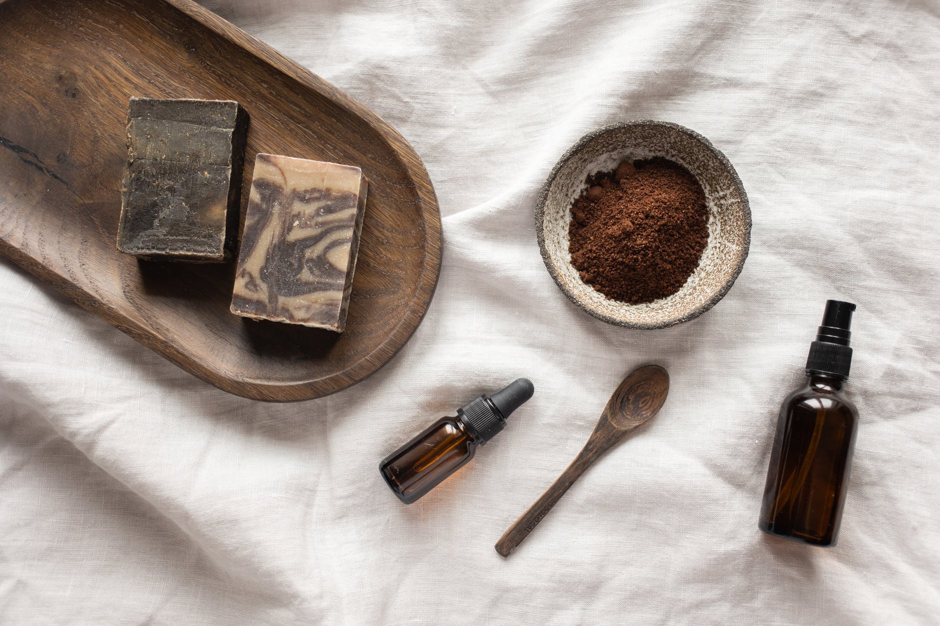 handmade soap and coffee scrub prepared for spa procedures